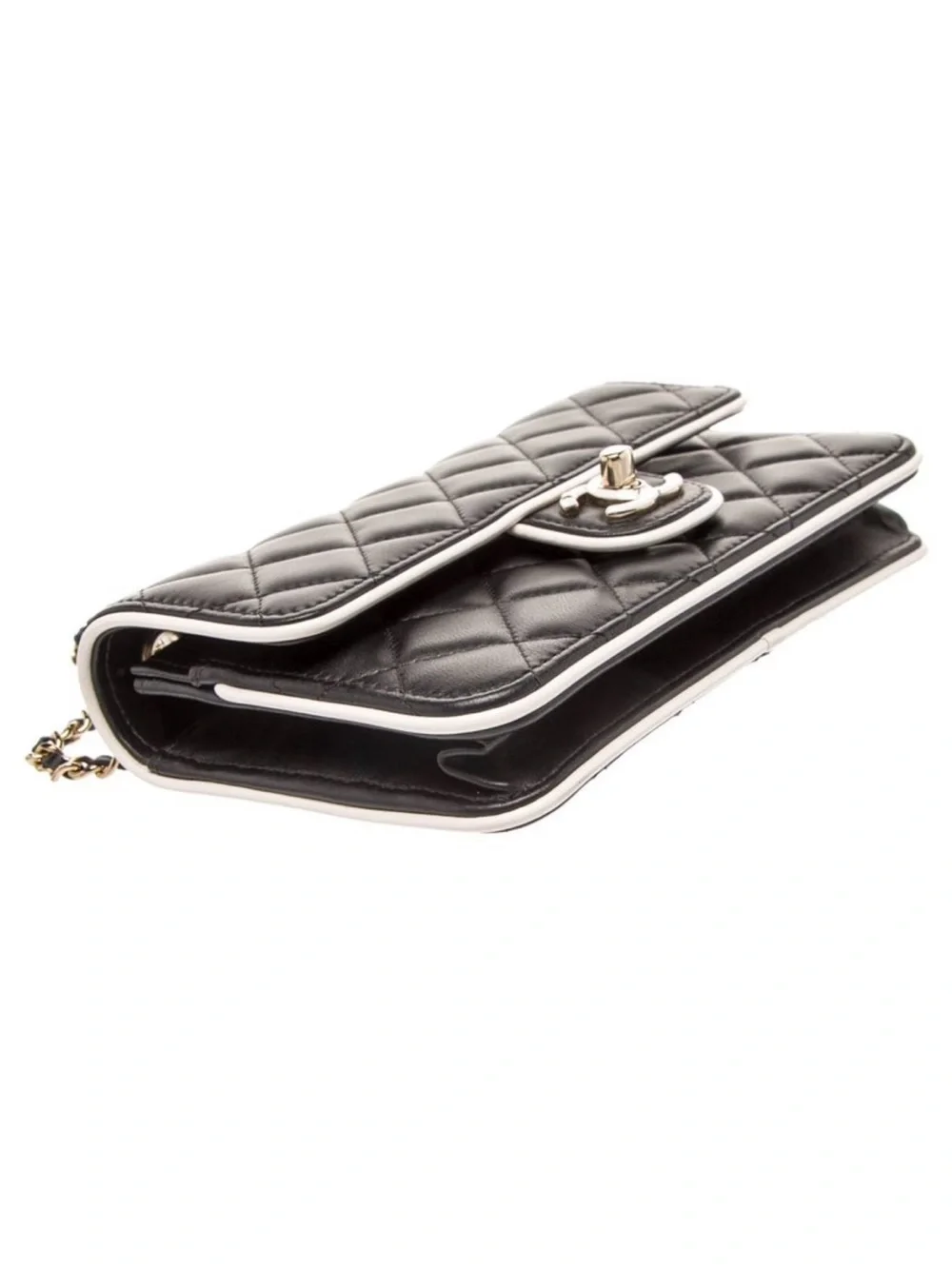 CHANEL Black Quilted Leather Shoulder Bag with White Trim and Gold Chain